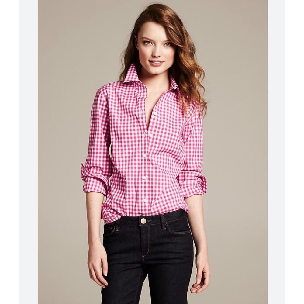 Banana Republic Non-Iron Fitted Gingham Shirt Pink White Stretch Cotton Size 12